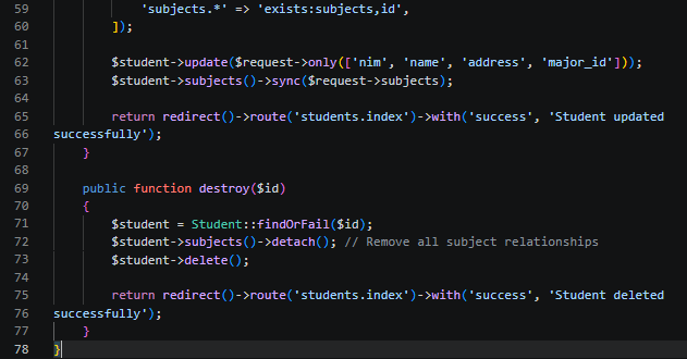 Kode StudentController bagian kedua